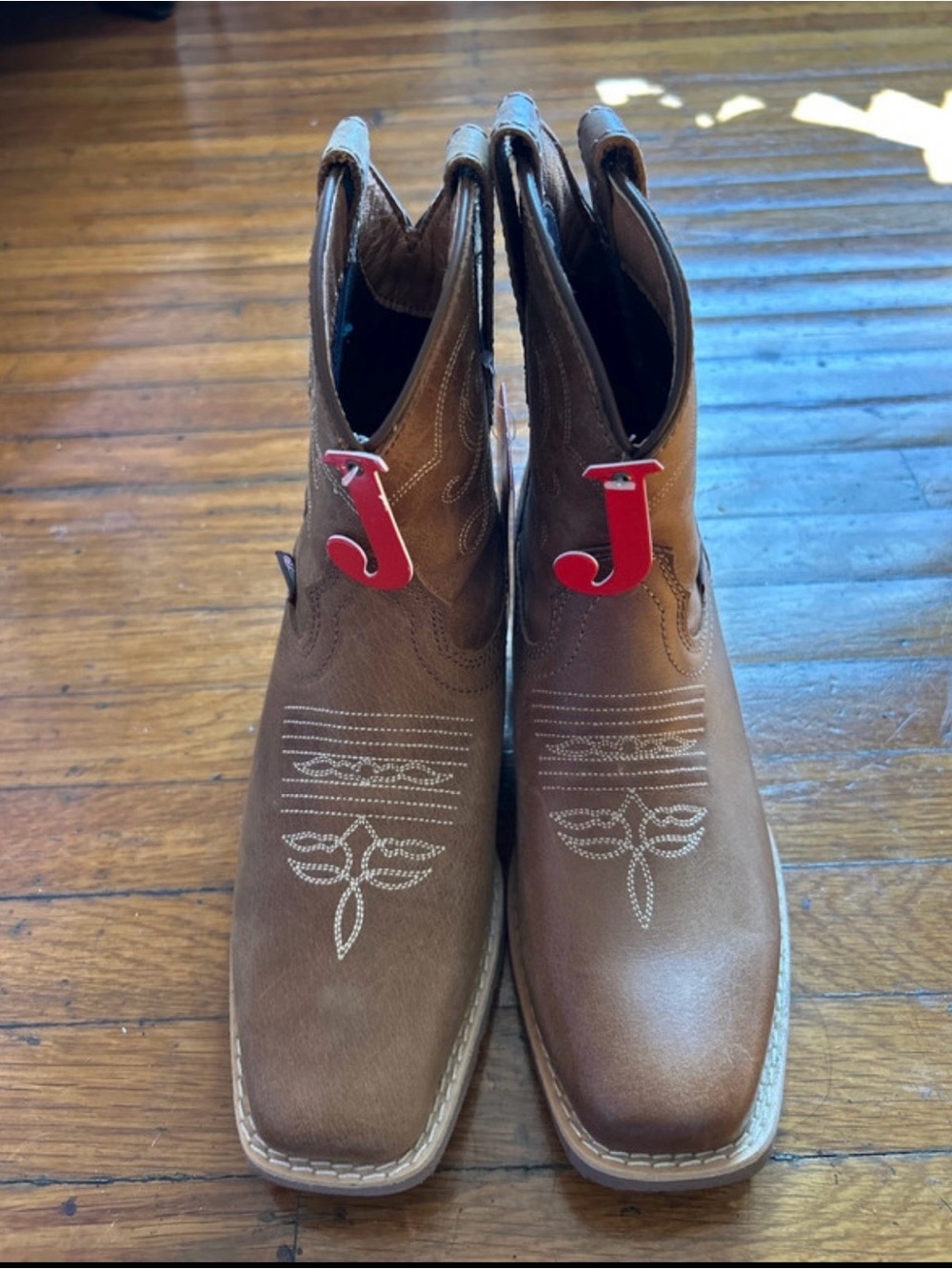 Justin Boots Brown Square-Toe Western Pull-On Boots with Red Tabs